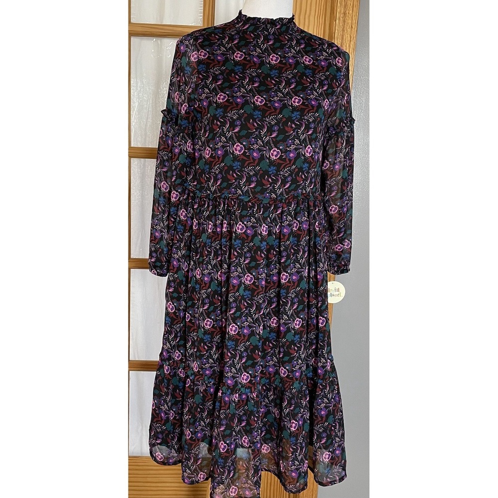 Tiered Floral Chiffon Dress Juniors Sz 14-16 Purple High Neck Boho Peasant Party